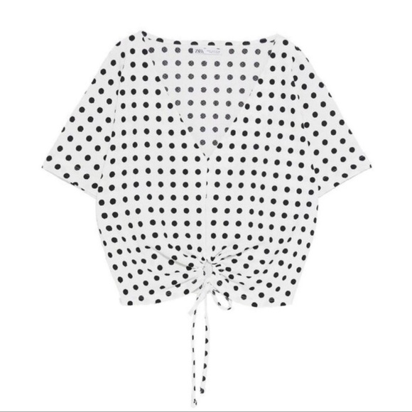 Zara Black & White Polka Dot Tie Front V Neck Top - Picture 2 of 6